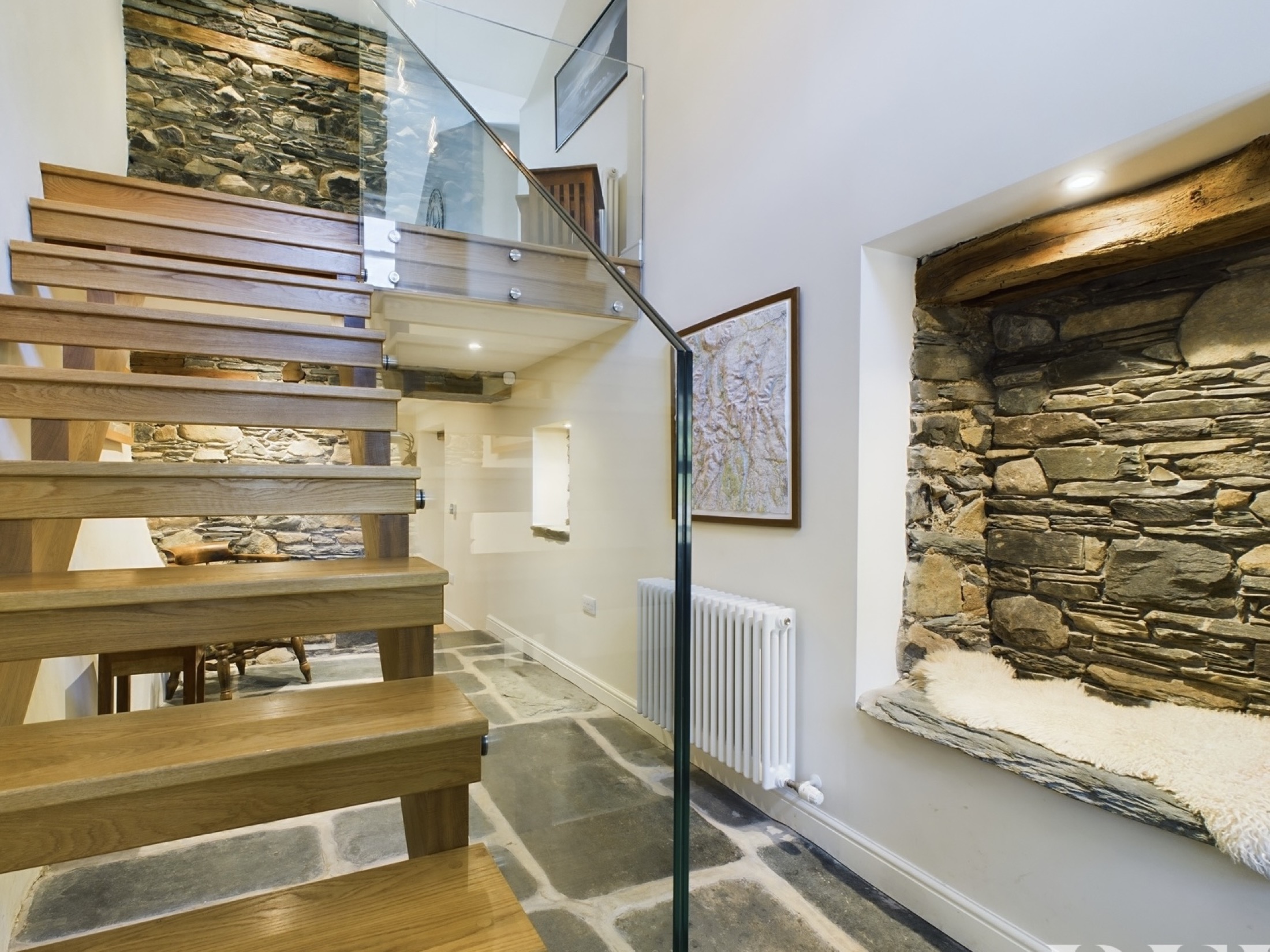 Interior staircase and exposed stone at Borrowdale Cottage