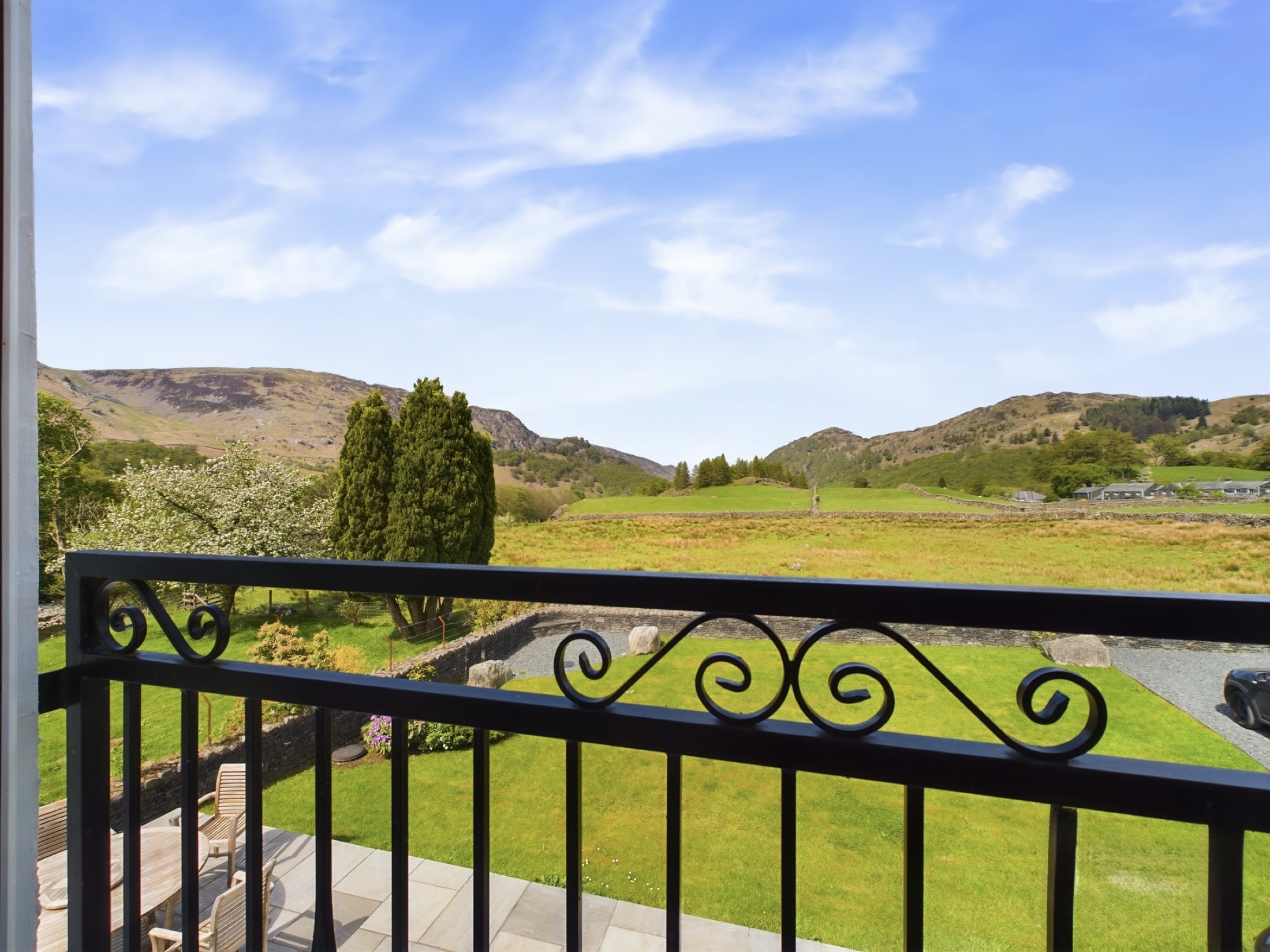 Valley view from a balcony at Borrowdale Cottage